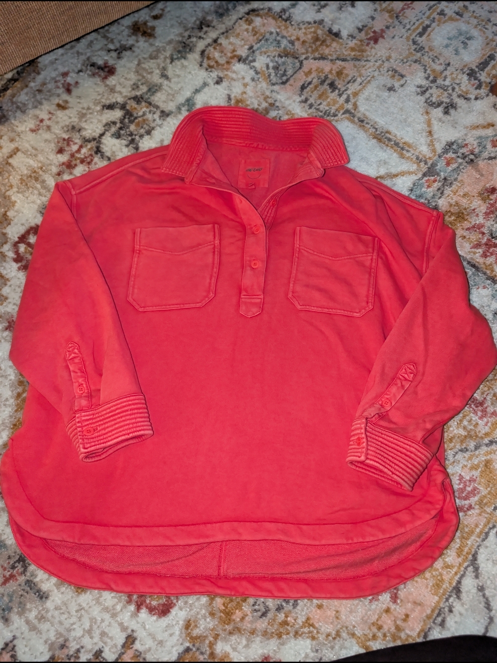 aerie Vibrant Red Crew Pullover 1/4 Button Up Collared Cozy Boho Slouchy Relaxed